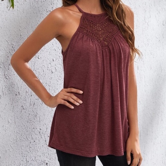 1 MED left! Boho Burgundy Cutout Detail Tie Back Halter Tank Top - Picture 4 of 7